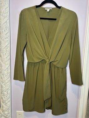 Topshop Olive Tie-Front Long Sleeve Dress